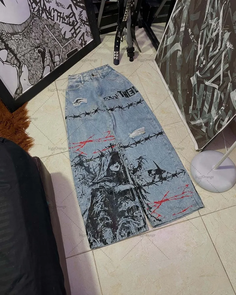 New Fashion Harajuku Gothic Letter Cartoon Print Oversized Washed High Waist Pants Women Y2K Casual Streetwear Rock Loose Jeans