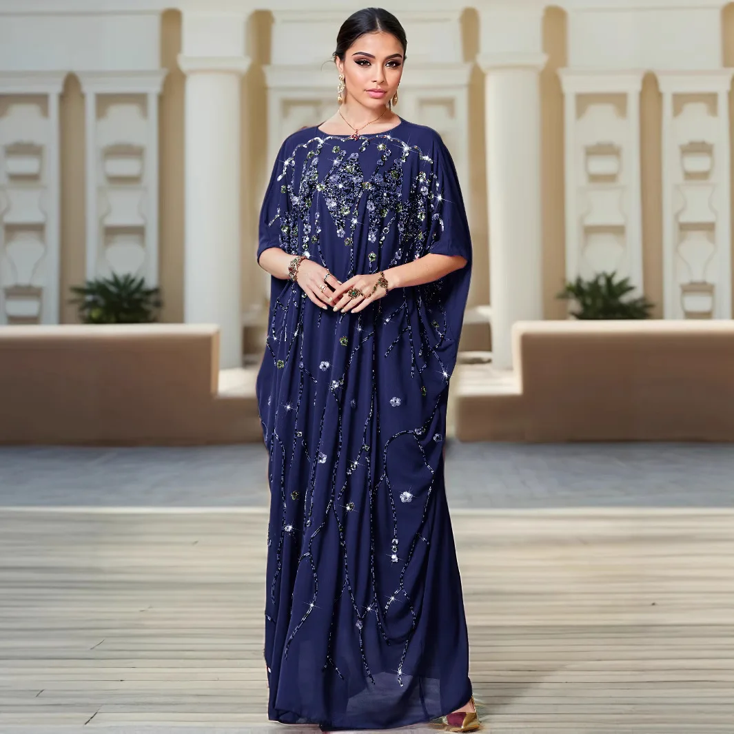 

Muslim Women Dress Sequin Embroidery Batwing Sleeve Abaya Jalabiya Dubai Kaftan Robe Kebaya Loose Caftan Marocain Femme Islamic