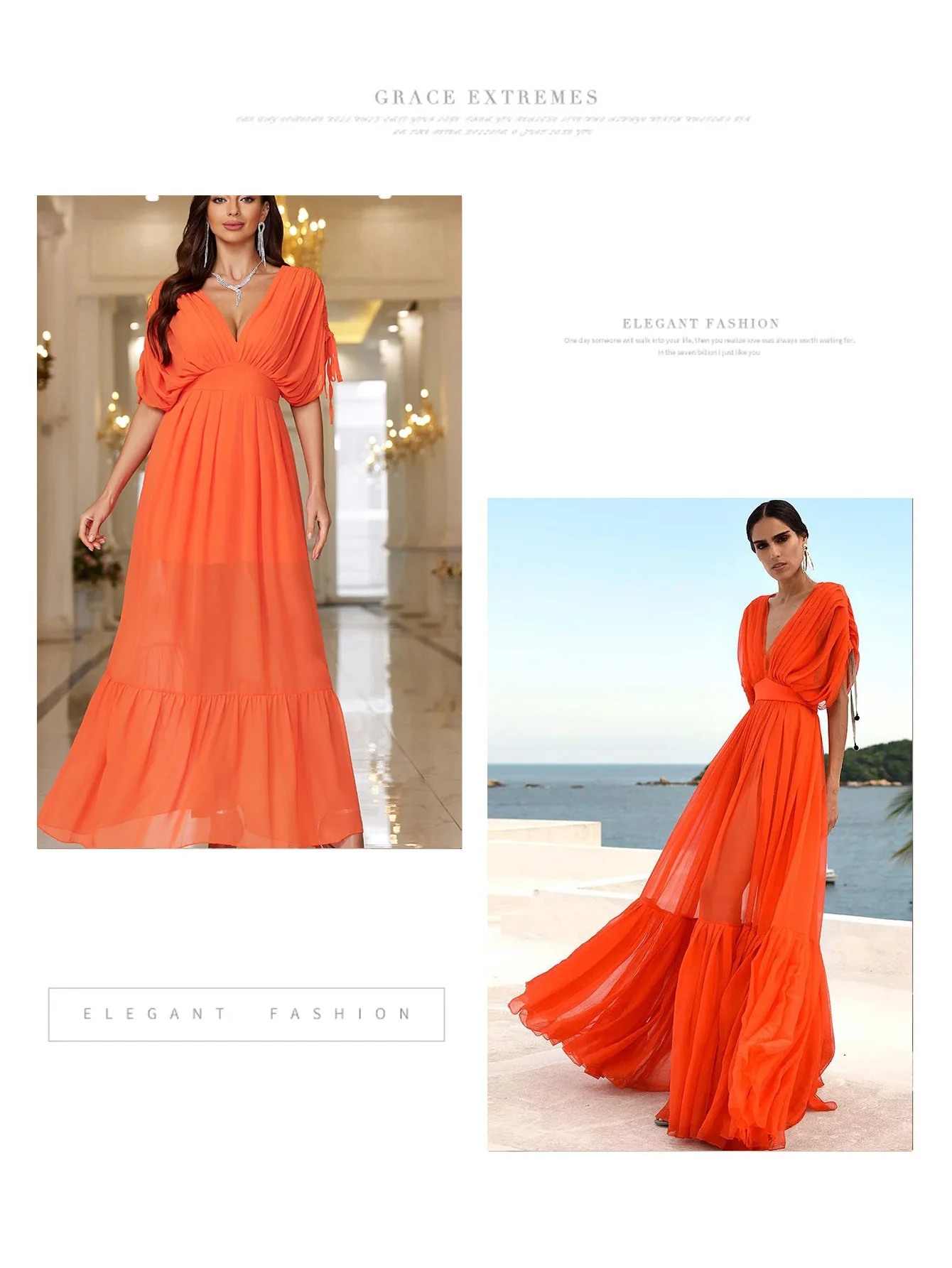 STUNROBES Orange Elegant Deep V-neck Dress Sexy Chiffon Long Dress Suitable for Dance Party Autumn Beach Hollow Skirt