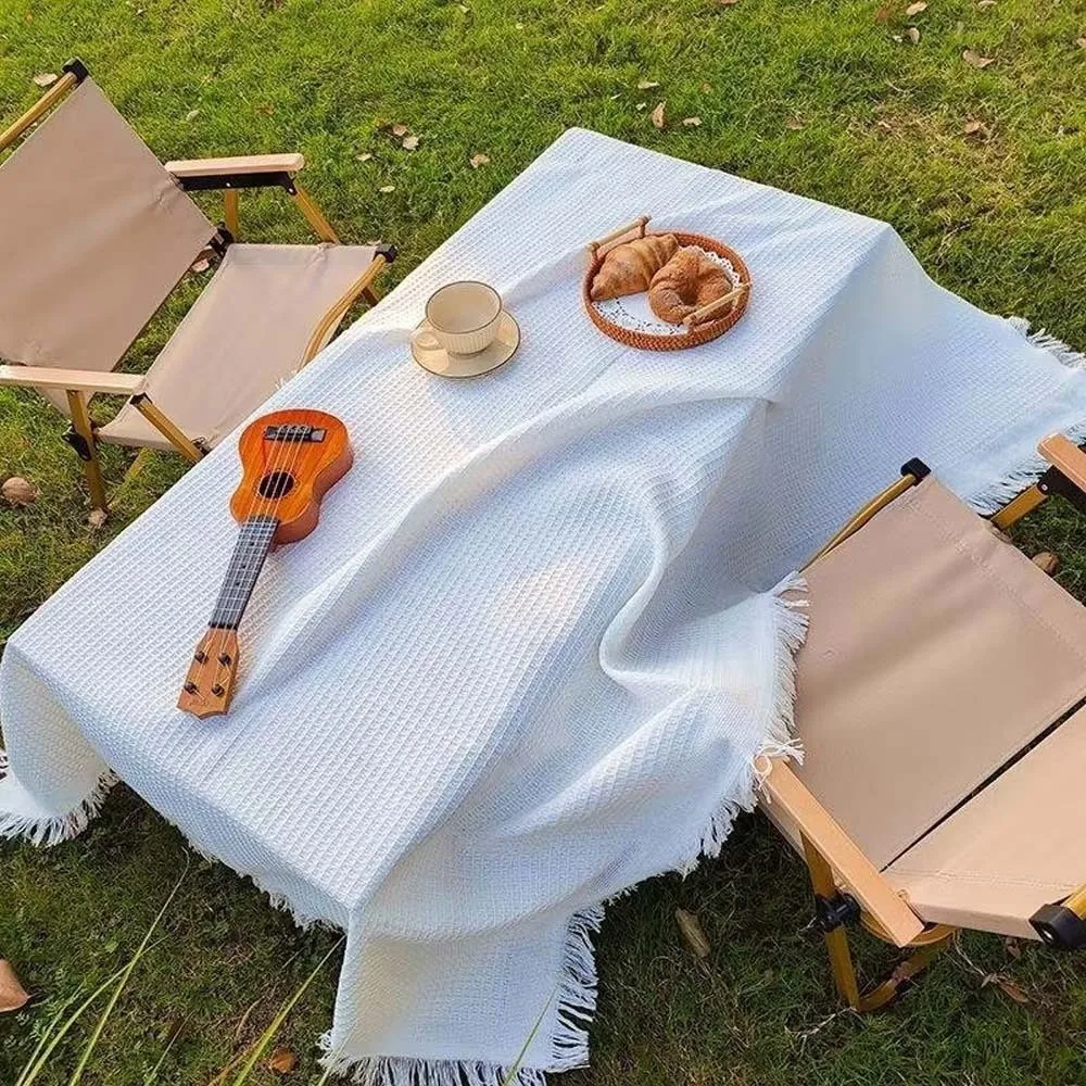 

Large Size Outdoor Picnic Mat Linen Portable Tablecloth with Tassel Foldable Solid Color Camping Ground Cloth Dust Cover