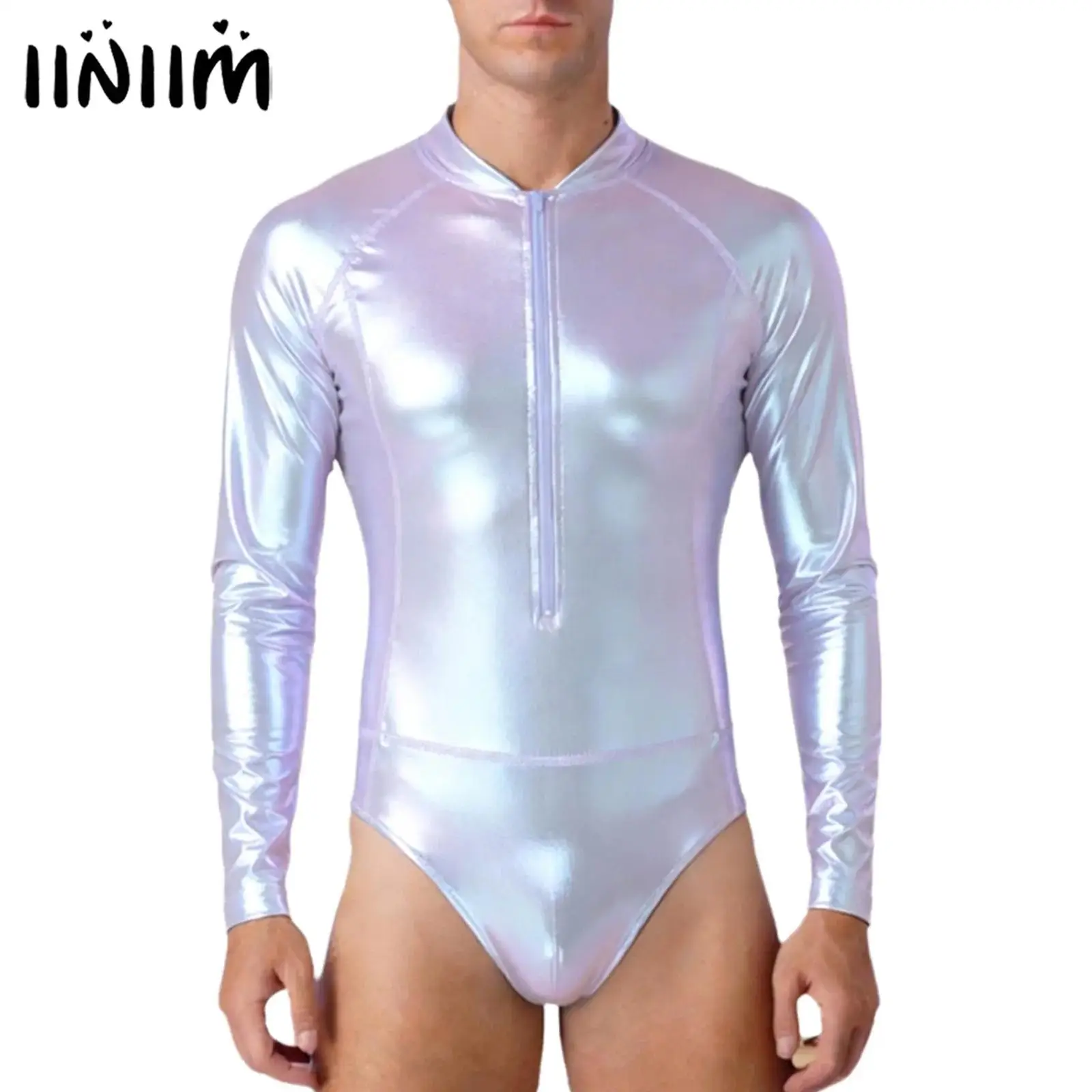 

Мужской металлический блестящий комбинезон-боди с молнией спереди, длинными рукавами, облегающий, для клуба, джазовых танцев, гимнастики