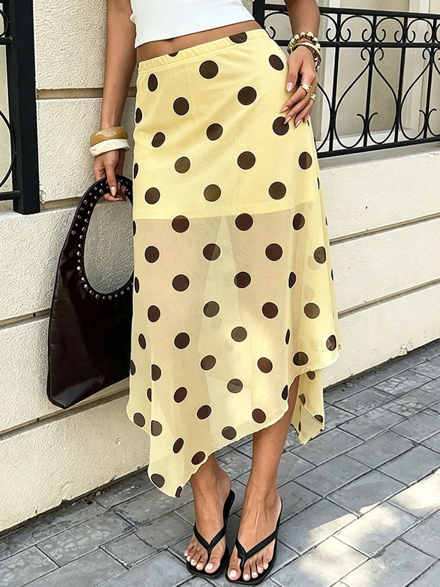 Eleganter Chiffon-Midirock mit Polka-Dot-Print für Damen, Sommer, Y2K, niedrige Taille, figurbetonter, fließender Rock, lässiges, tägliches Vintage-Outfit für Damen
