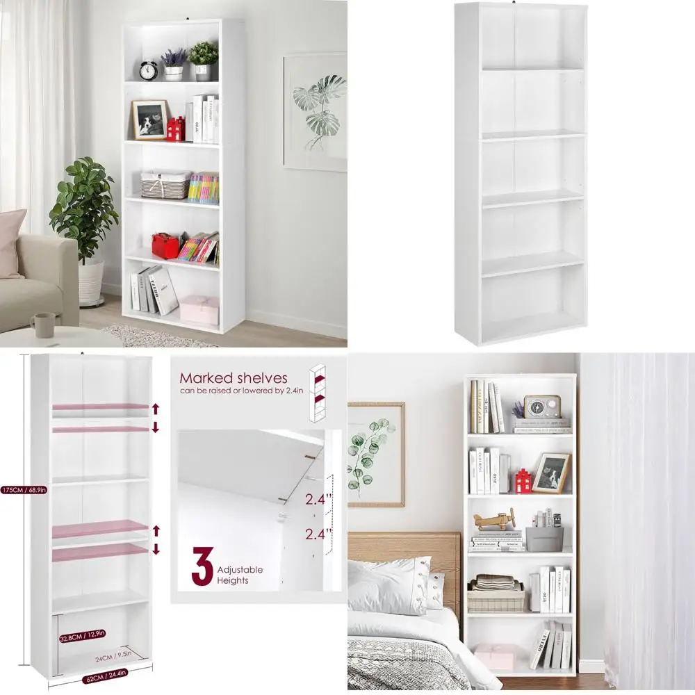 

Adjustable 5-Tier Tall Open Bookcase for Storage, 68.9 High, 24.4 Wide, 9.45 Deep, Freestanding Bookshelf