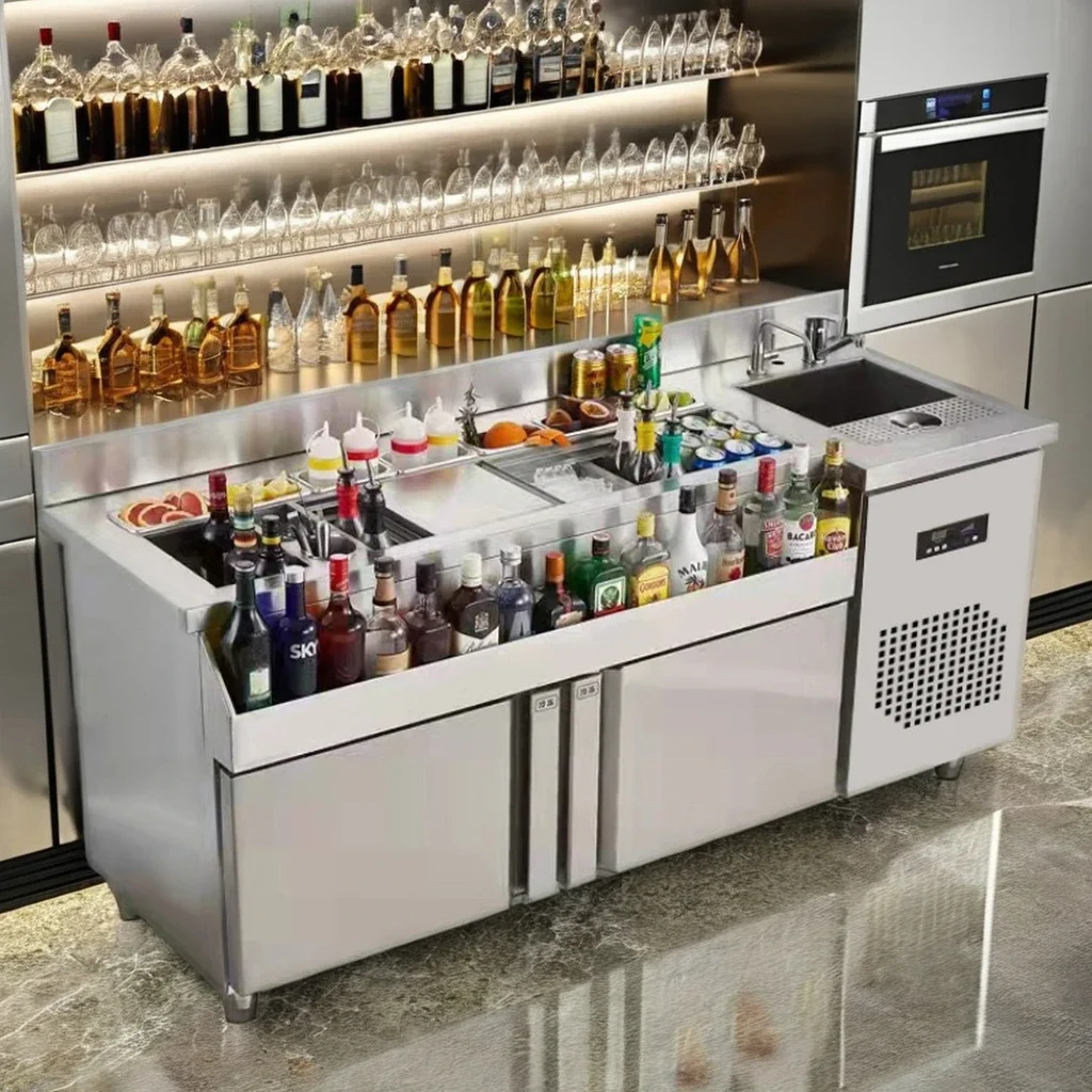 Newest Design Station Mobile Bar Equipment Stainless Steel Cocktail Bar Station Ice Trough Sink Function Bartender Work Counter