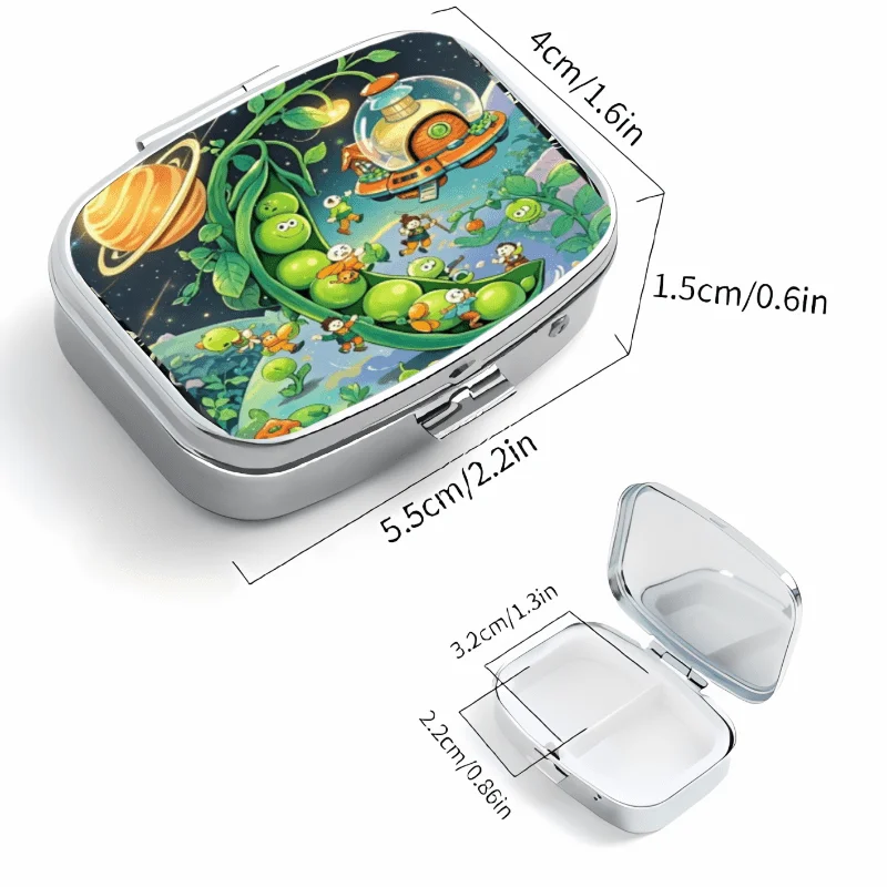 A Metal Flip-Top Pill Box with a Cosmic Pea Party Design, Featuring 2 or 3 Compartments. This Mini Portable Box Is Multifunctional and Suitable for Storing Jewelry.