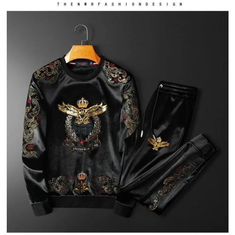 Men's Clothing Winter fleece-lined Thickened Round Neck Casual suit Embroidery Crown Eagle Print Two-piece Set