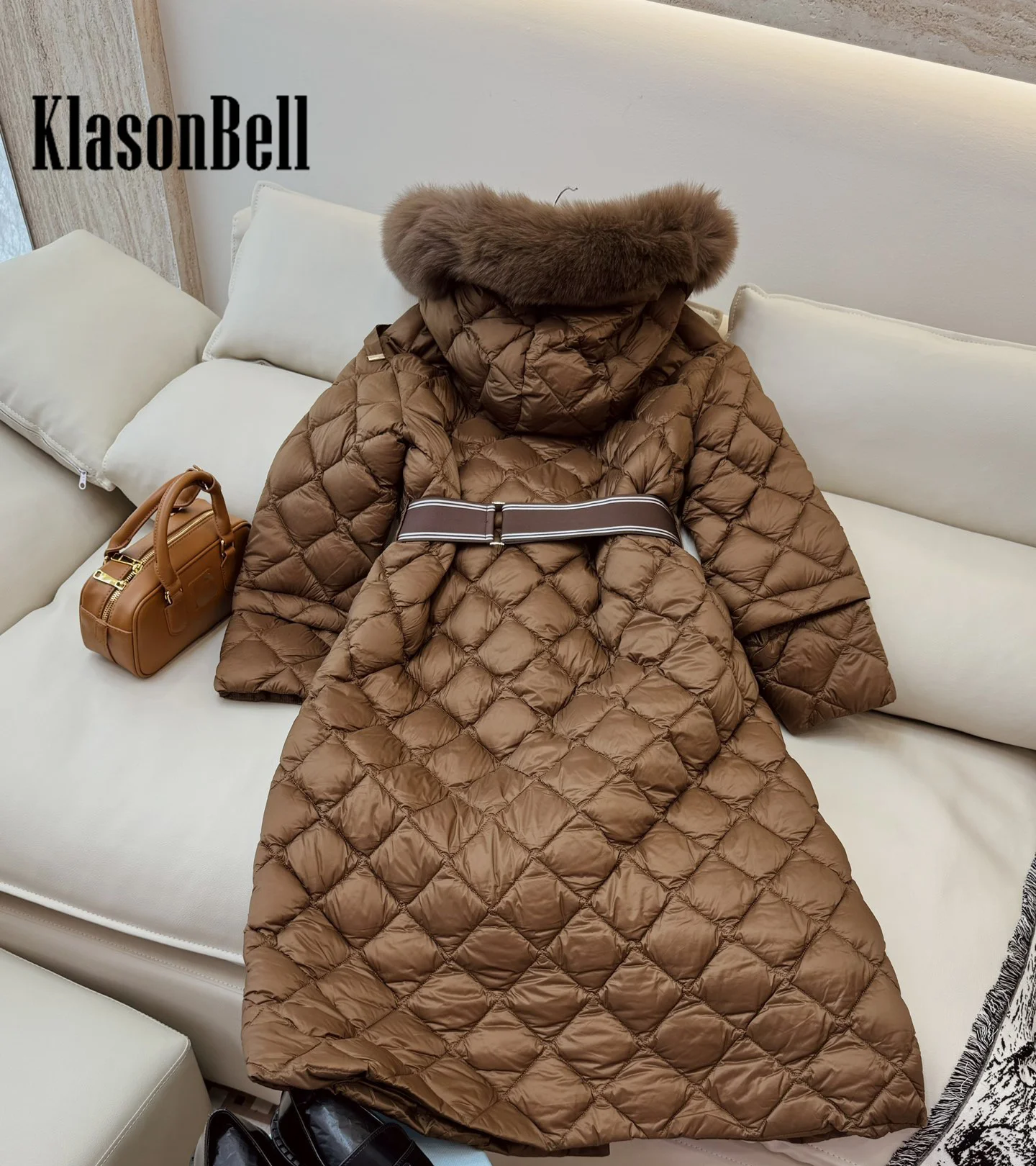 9.6 KlasonBell Women Luxury Fox Fur With Metal Belt Long Goose Down Jacket Quilted Argyle Plaid Spliced Long Sleeve Down Coat