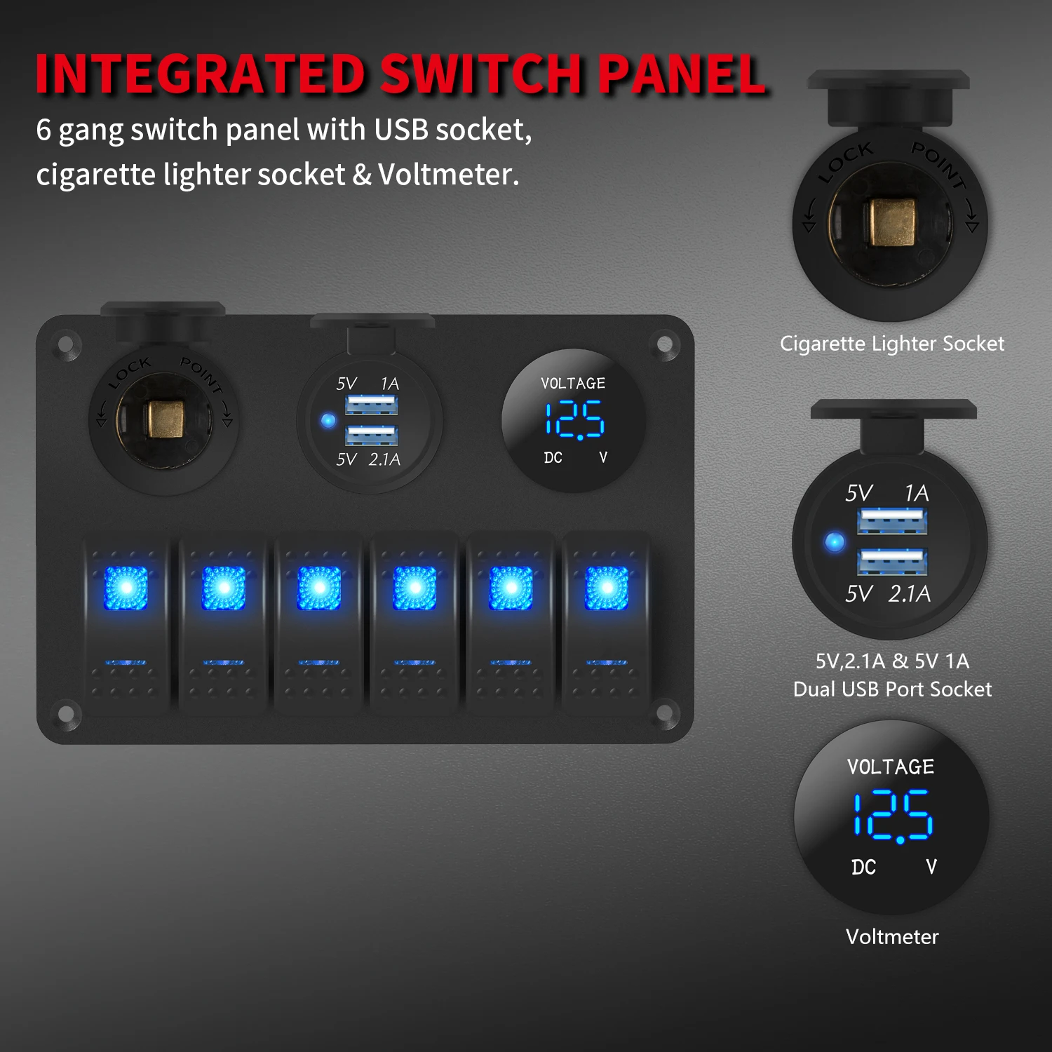 RV Waterproof Switch Panel 6 Gang 12V Rocker Switch Panel Car with USB Cigarette Lighter Socket Voltmeter For Marine Boat Truck