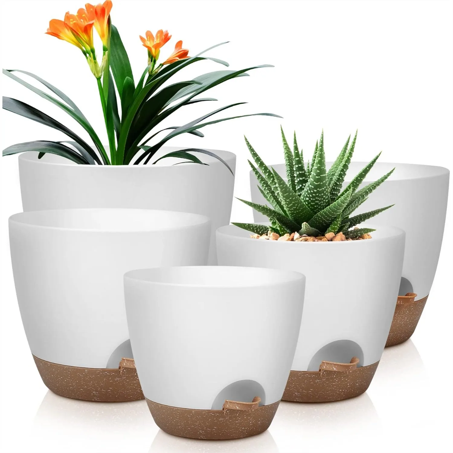 

Self Watering Plant Pots 10/9/8/7.5/7 Inch Set of 5 Plastic Planters with Drainage Holes and Saucers for Indoor Outdoor Plants