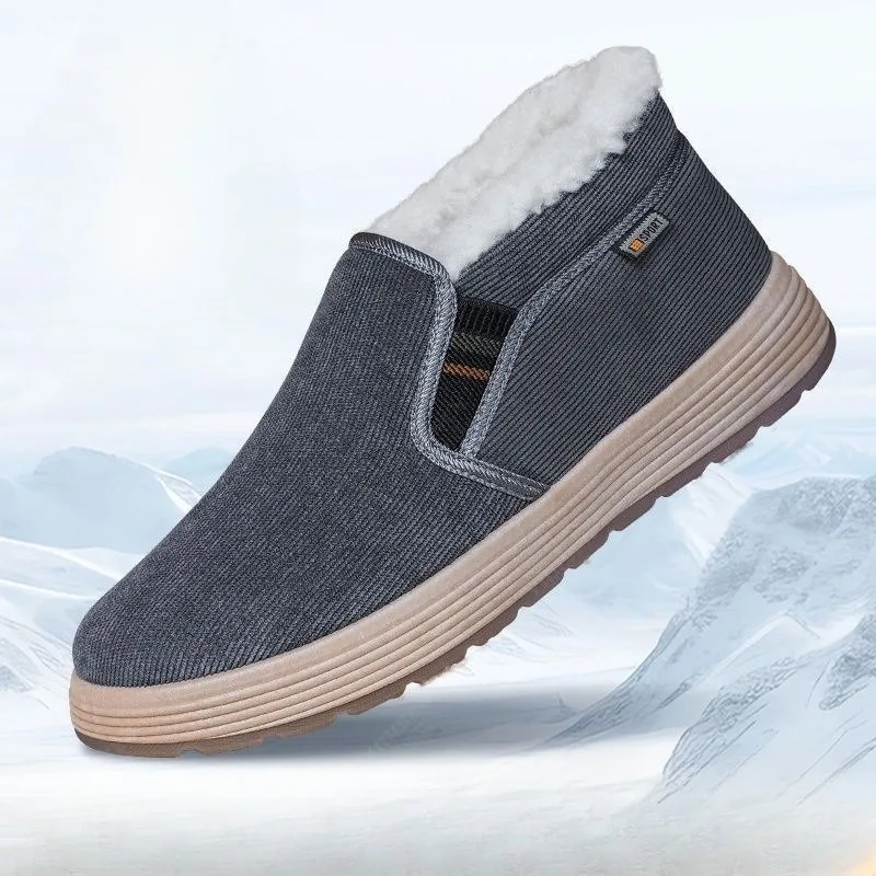Winter Corduroy Boots Thick Fleece Lined Slip on Non Slip Soft Sole Elderly Walking Shoes for Man Work Warm Plush Cotton Shoes