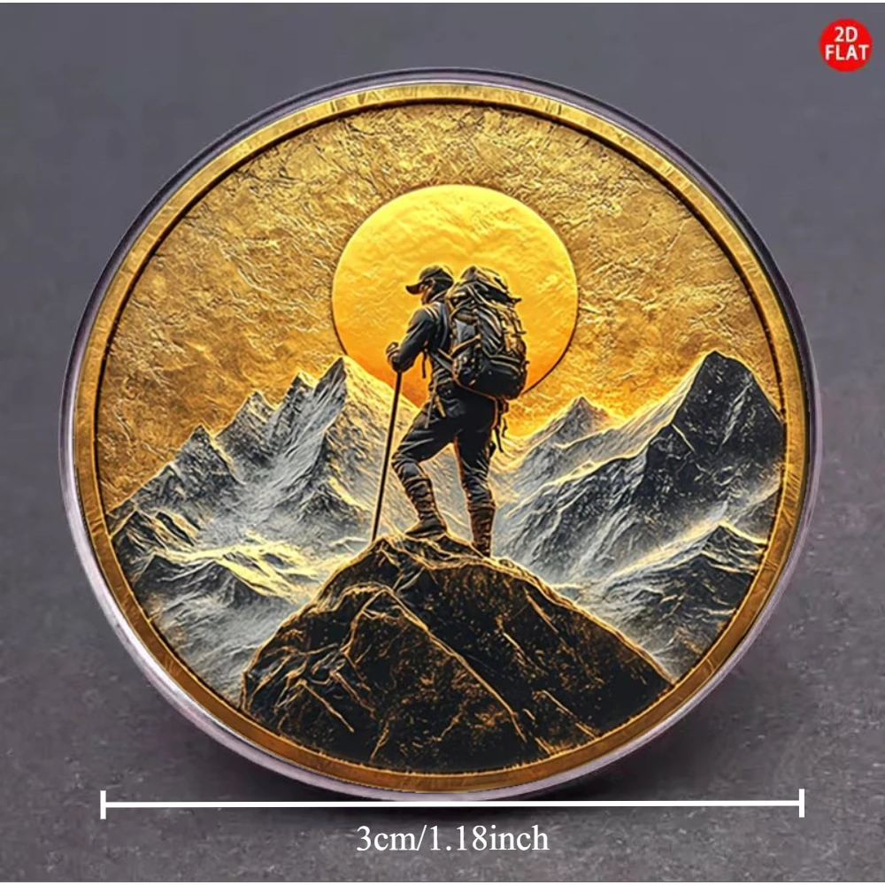 Flat Stainless Steel Glass Brooch Mountain Hiker Climber Sunset Adventure Outdoor Motivational Lapel Pin
