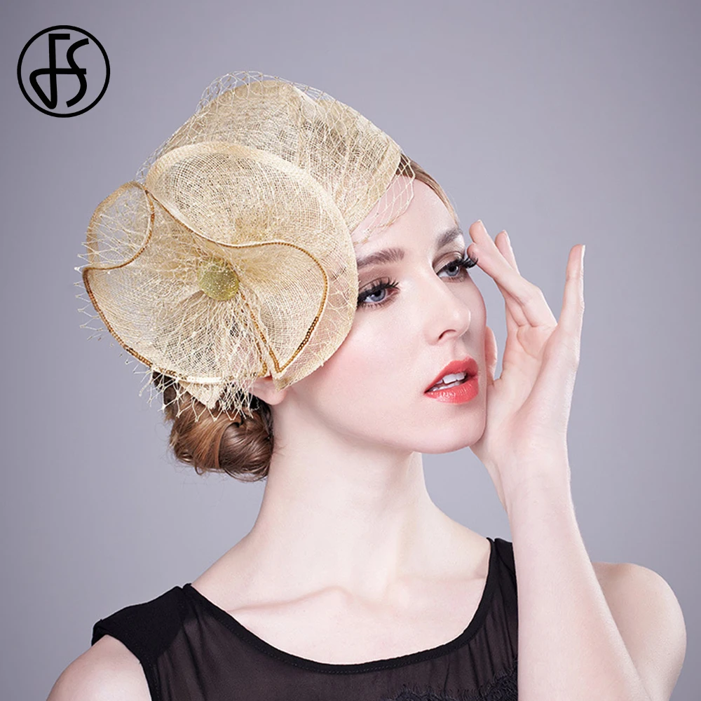 FS Luxury Woman Hat Wedding Ceremony Elegant Church Apricot Kentucky Headdress Ladies Horse Racing Festival Small Top Cap