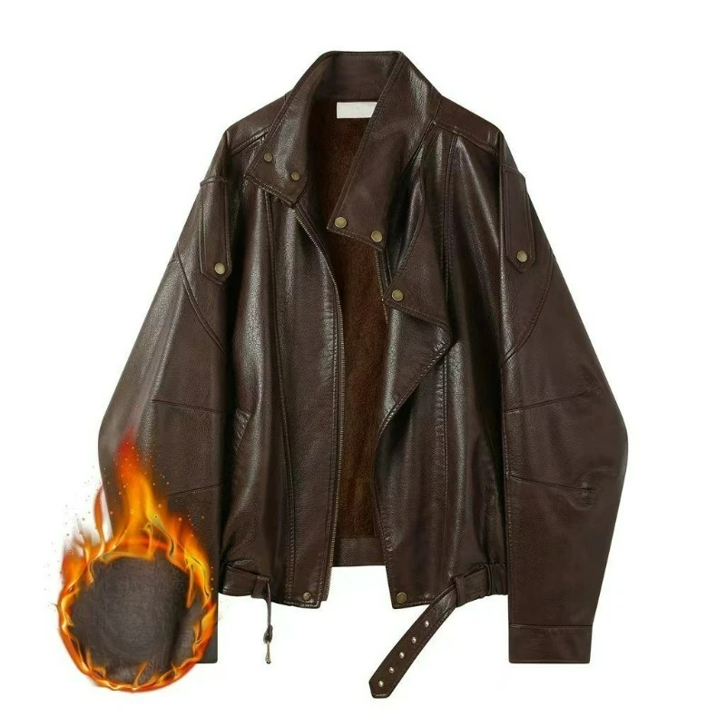 American Old Money Style Retro Brown Stand-up Collar Leather Jacket Women Short Loose Versatile Autumn Flight Motorcycle Jacket