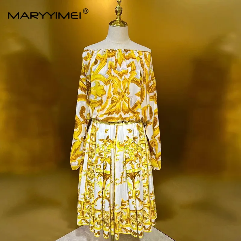 MARYYIMEI Spring Summer Woman's Sexy Spaghetti Strap Backless Baroque Print Silk Tops+Cotton Folds Half Skirt 2 Piece Set