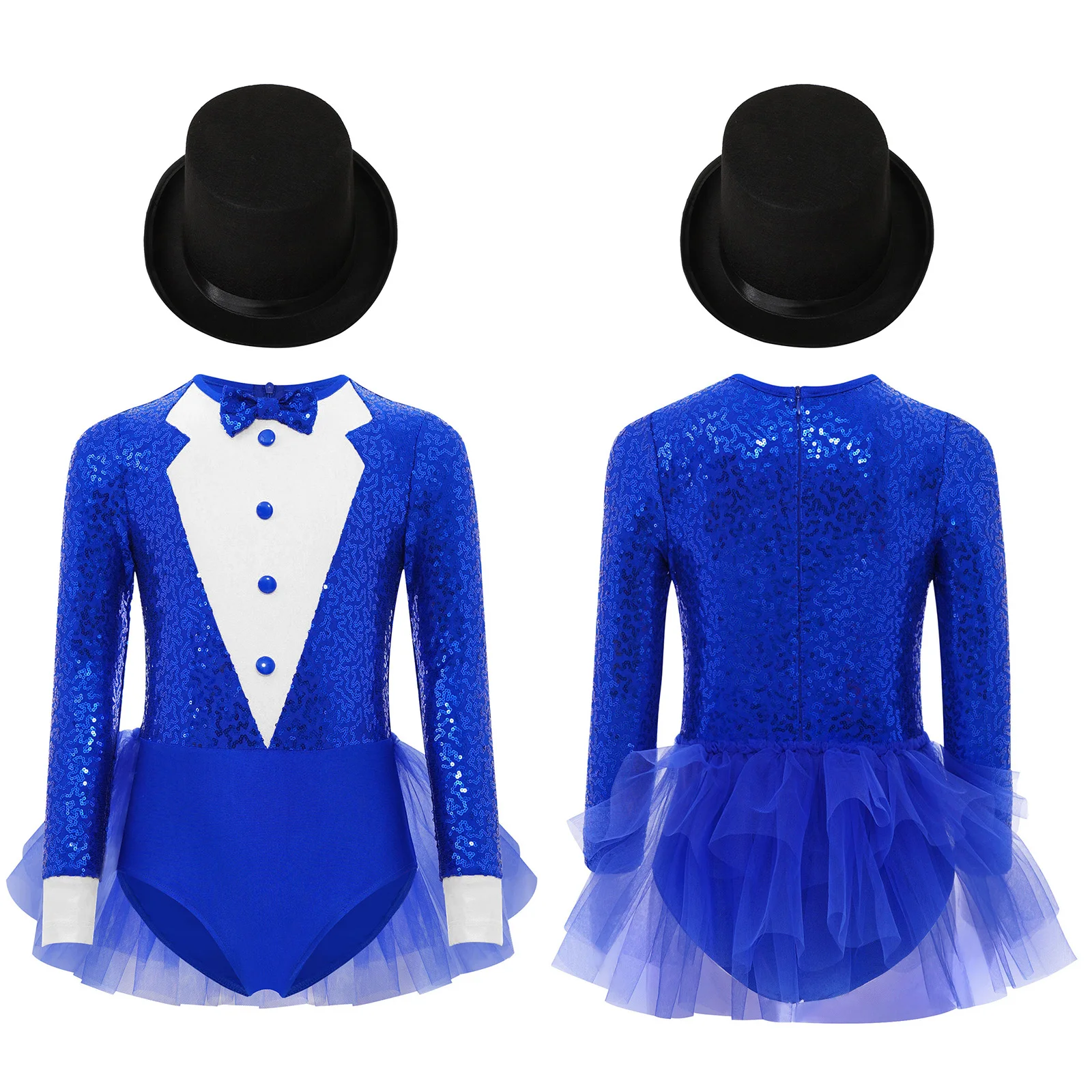 Costume da spettacolo di danza jazz per ragazze, mago di Halloween, vestito cosplay, manica lunga, corpetto con paillettes, body con gonna in tulle + set di cappelli