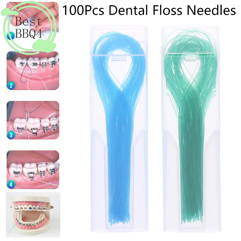 (BBQ4) 100Pc Dental Floss Threader Dental Traction Line Oral For Crown Brace Bridge Implant Hoop Threading Braces Steel Traction
