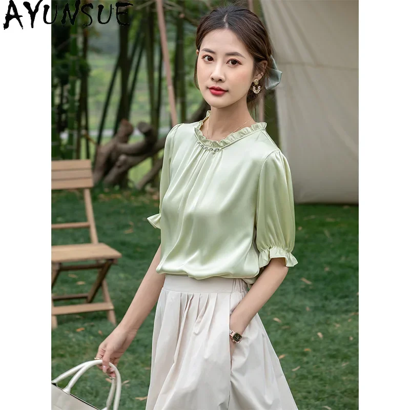 AYUNSUE 100% Real Mulberry Silk T Shirts for Woman Luxury 2024 Casual Tops Summer Women Clothing Essentials Cute Top Camisetas