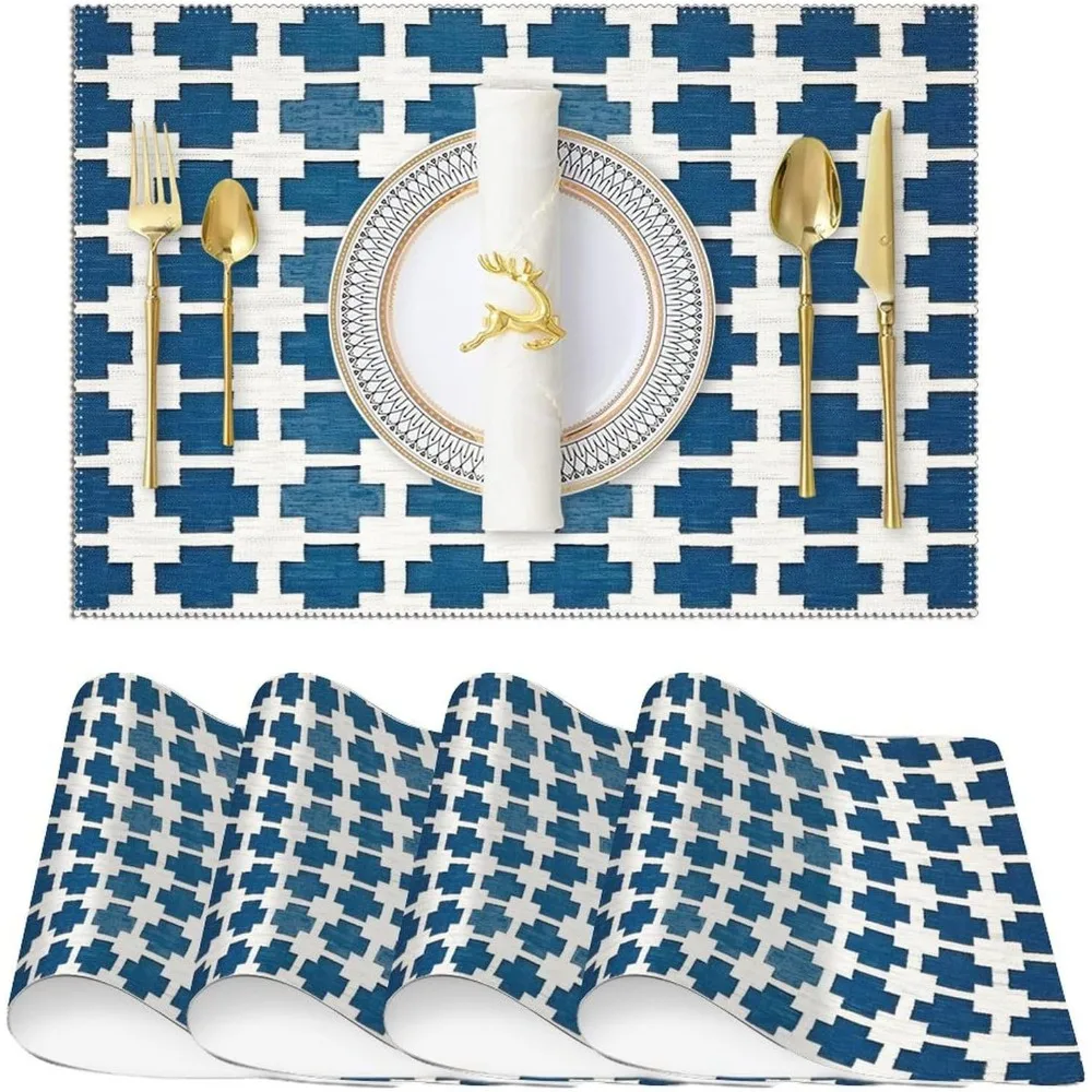 

Набор столовых приборов в стиле шинуазри из 4-х синих ковриков с геометрическим рисунком, складные противоскользящие столовые приборы для столовых приборов, деревенский дом, азиатский обеденный стол De
