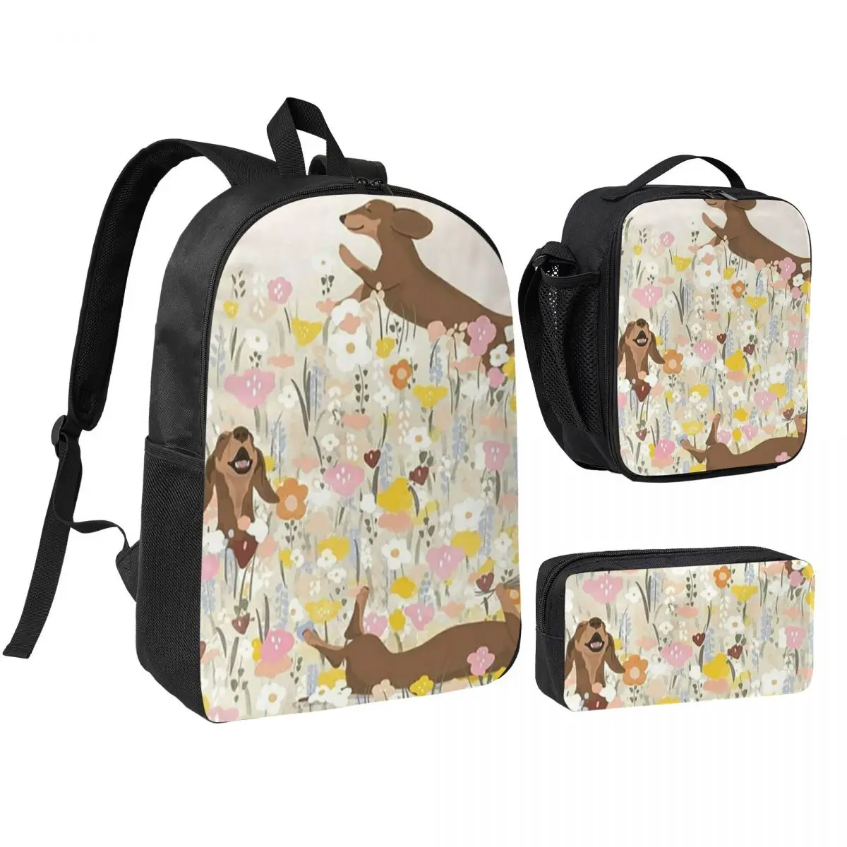 Garden And Sausage Dog Backpack Boys Girls BookBag School Bag Shoulder Bags 3ps Insulated Lunch Bag Pencil Case