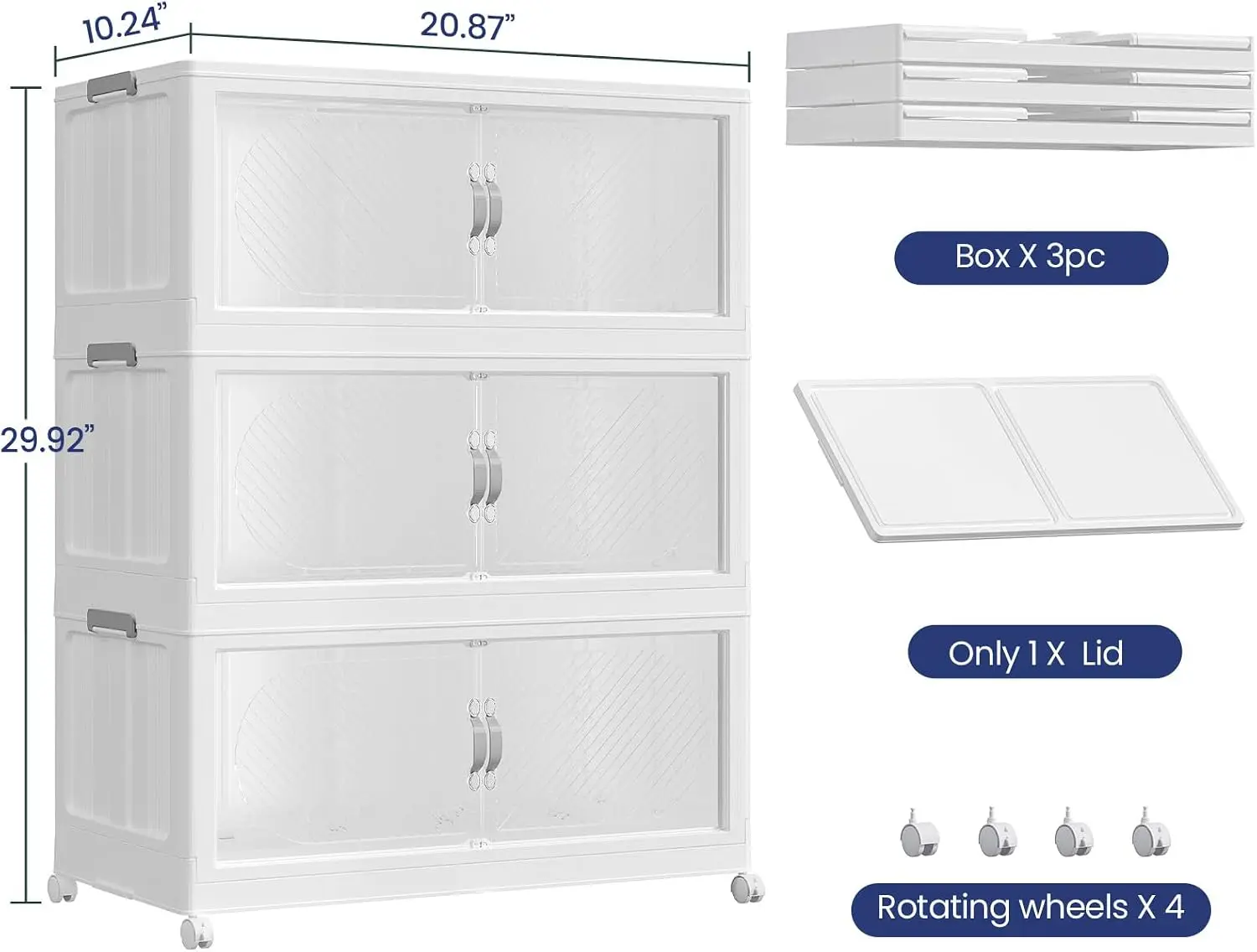 180QT Extra Large Stackable Storage Bins with Lid, 45Gal Plastic Collapsible Cabinet Box with Wheels & Clear Magnetic Doors, 3-Pack