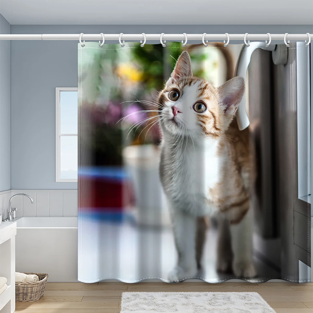 Cat Shower Curtain Set Kawii Cute Pet Bathroom Decoration Innocent Kitten Print Decorative Shower Curtain With Plastic Hooks