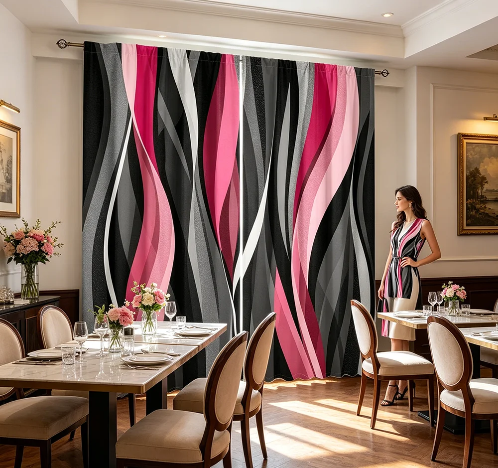 2PCS Digital Printed Curtains, Gray Pink Abstract Fluid Watercolor Art, Modern Home Decor Style for Living Room Bedroom Decor
