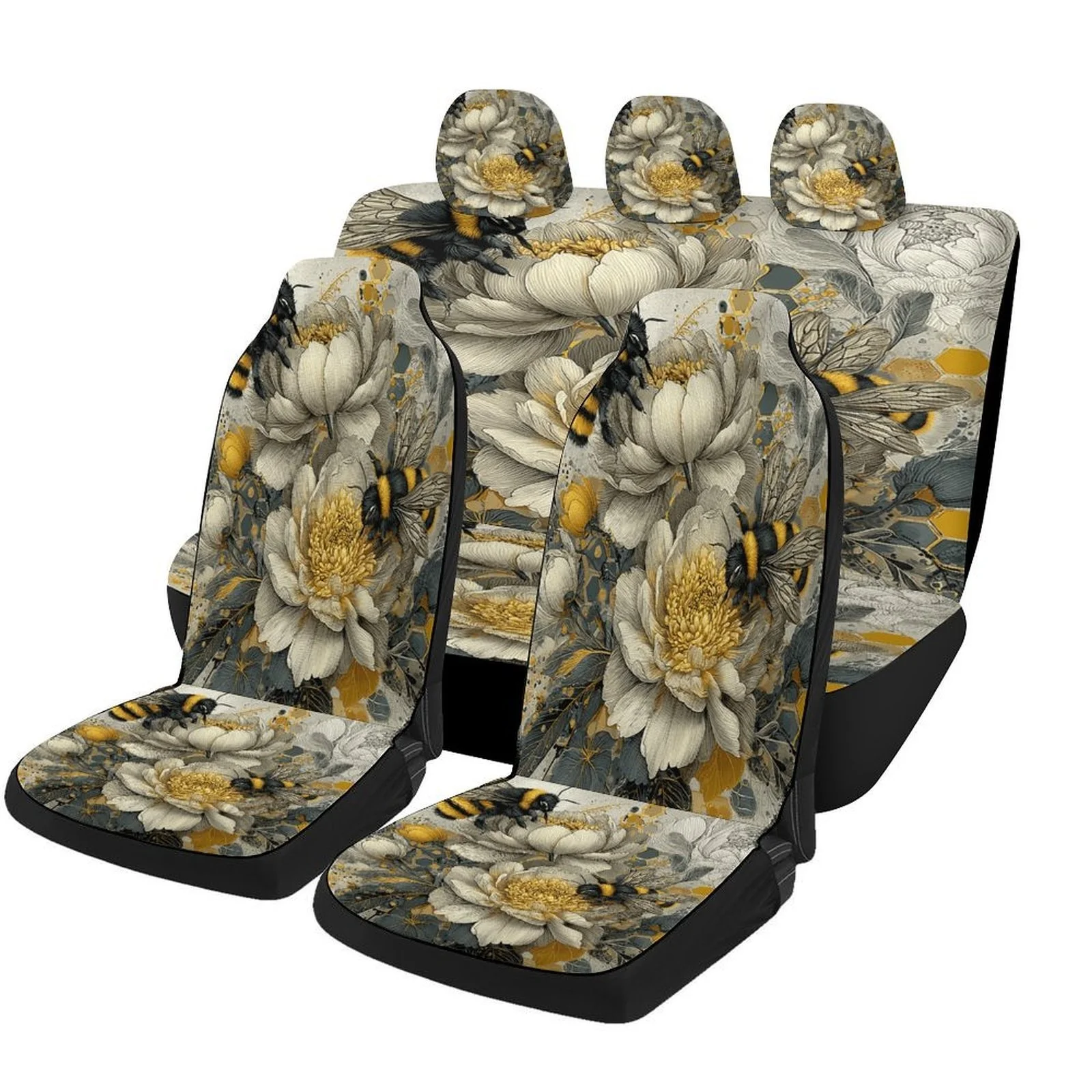 

Bees And Flowers Designed Car Seat Cover Set For Most Cars, Trendy Novelty High-quality Car Seat Protector Covers Full Set, Univ