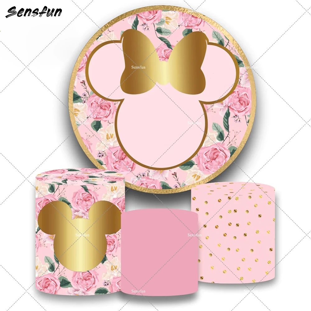 Cartoon Floral Minnie Mouse Round Backdrop Cover for Girl Birthday Baby Shower Party Decor Supplies Gold Minnie Background