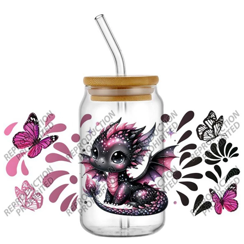 Cartoon Dragon Uv Dtf Cup Wraps Colorful Butterfly Transfer Stickers High-quality Waterproof Decals For Glass Can Fantasy Decor