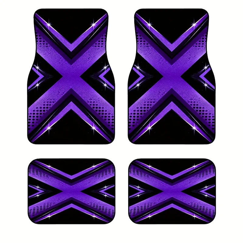 4pcs Black Purple Geometric Glow-in-the-Dark Car Floor Mats - Trendy Mecha Design, Durable Non-Slip Universal Fit For Cars, Truc