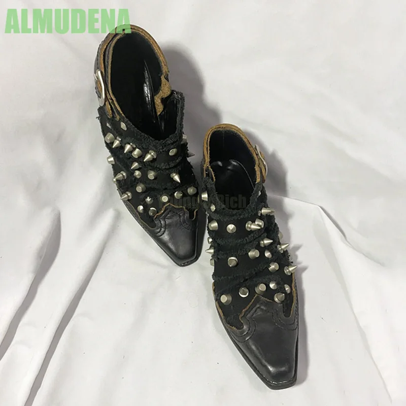 Metal Buckle Pointed Single Shoe Fashionable Retro Rivet Thick Heel Side Zipper Versatile Slimming High-Heeled Women's Shoes