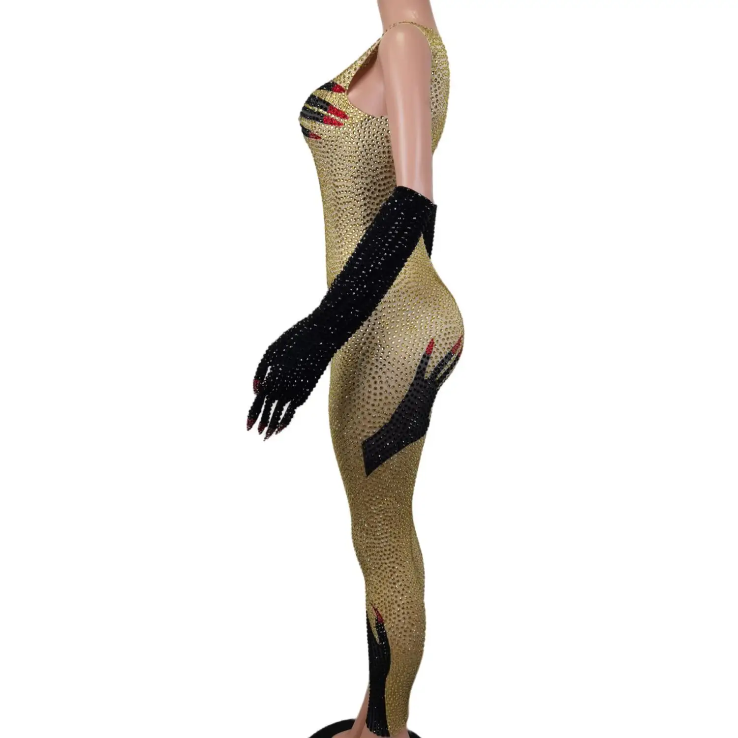 Women Shinny Jumpsuits with Gloves Sparkly Brand Design Black Gloves Night Bar Showgirl Gogo Costumes Sexy Queen Outfits Heishou