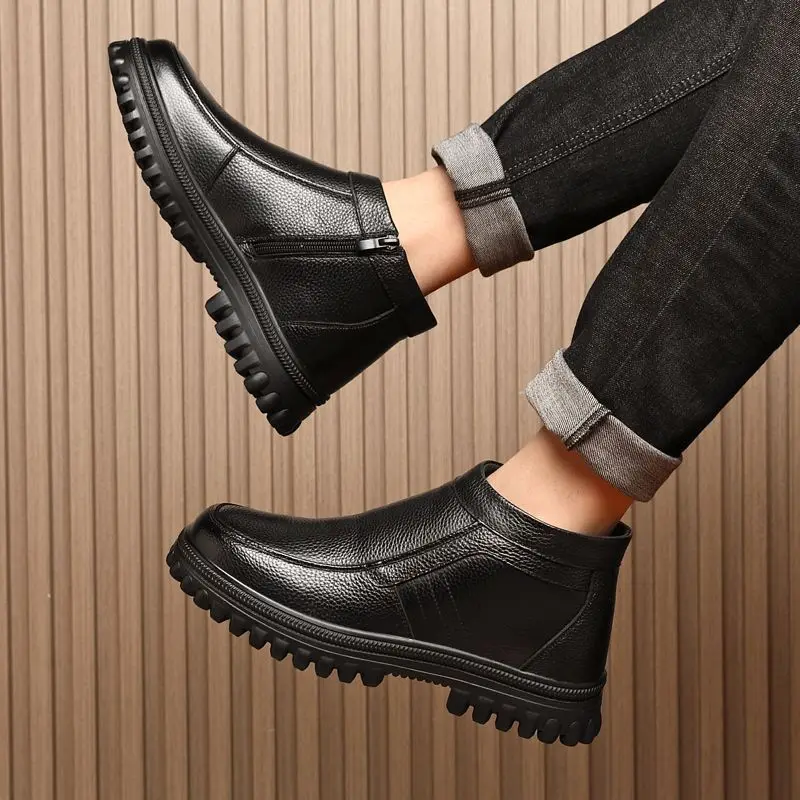 Men's Winter Warm Fur Lined Leather Snow Boots Thick Wool Dad Shoes Plus Size Unisex Elderly Non Slip Ankle Boot