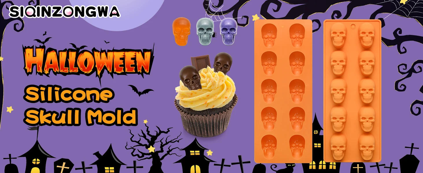 Totenkopf-Schokoladenformen, 2er-Pack Halloween Totenkopf-Süßigkeitenformen mit 20 Vertiefungen | Antihaft-Silikonform mit Totenkopfmotiv für Gummibärchen, Gelee und Eiswürfel – Detail 1