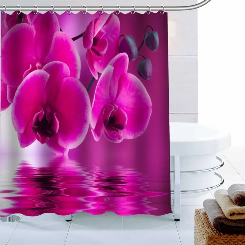 Phalaenopsis Pink Flower Shower Curtain Decor Waterproof Polyester Fabric Bath Curtain 180X180cm Eco-friendly Bathroom Curtain