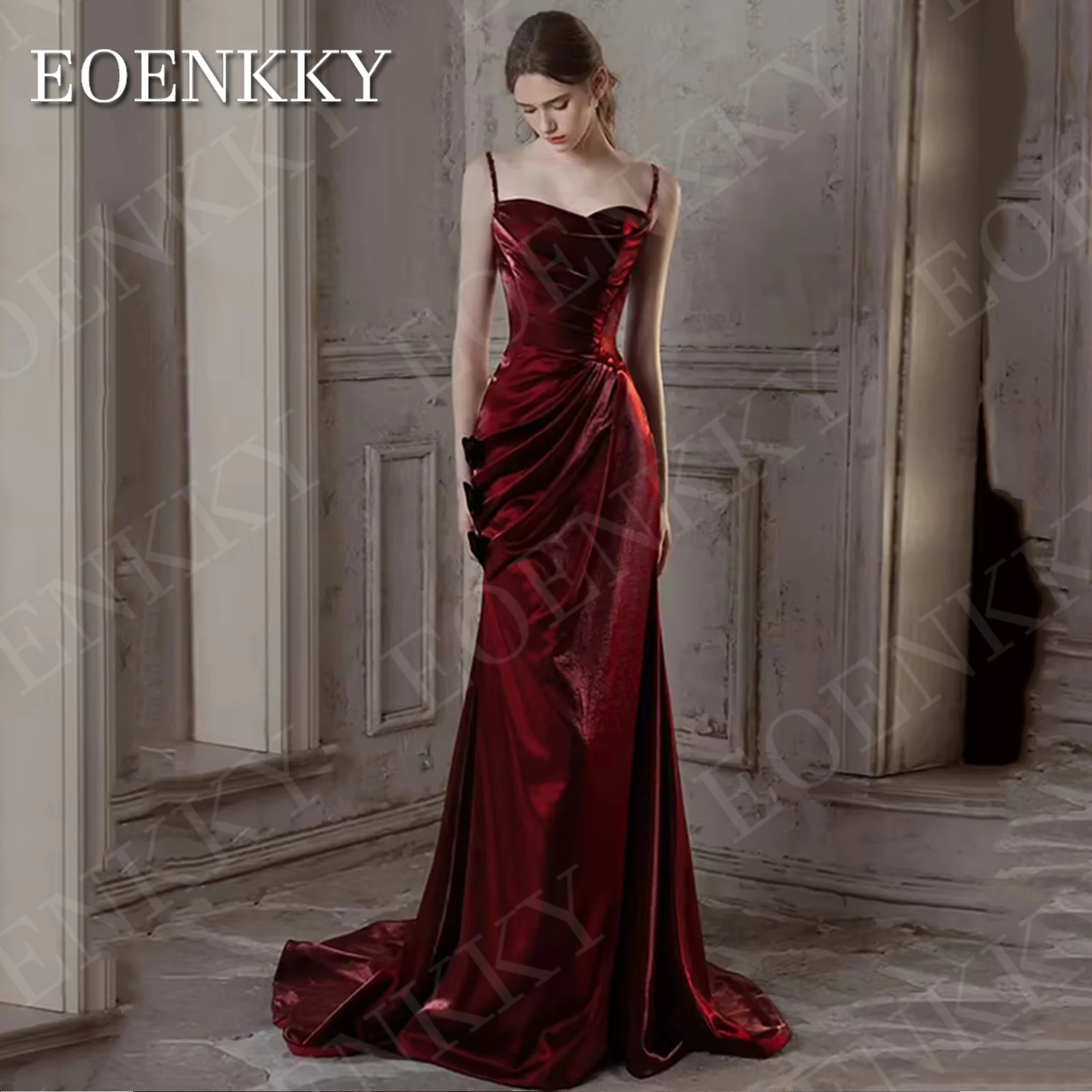 EOENKKY Burgundy Evening Dress with Sleeves Mermaid Sweetheart Neck Satin Party Prom Dresses Customized Spaghetti Straps Women