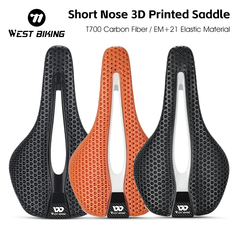 WEST BIKING 3D Printed Bike Saddle T700 Carbon Fiber Hollow Comfortable Breathable 245*145mm Ultralight Short Nose Racing Saddle