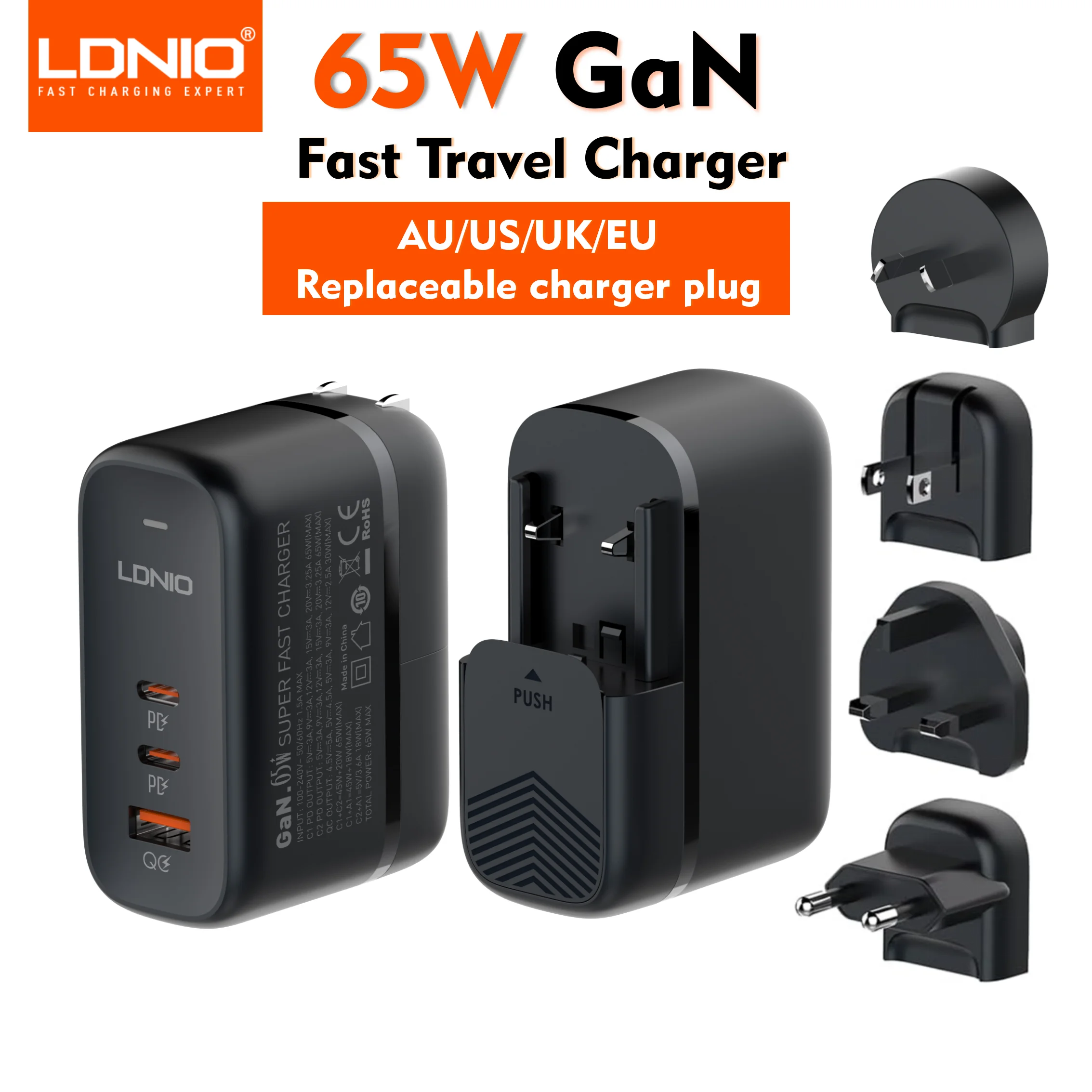 LDNIO 65W USB C Charger Travel Charger GaN Charger 3 Port International Plug Adapter EU UK US AU Travel Plug Adapter Power Cord