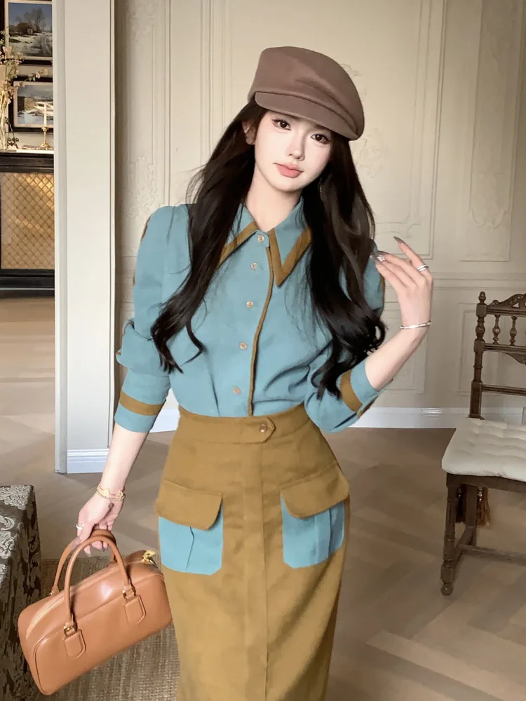 High Quality Autumn French Vintage Fashion 2 Piece Sets Women Outfit Korean Temperament OL Shirt Blouse Tops + Long Skirt Suits