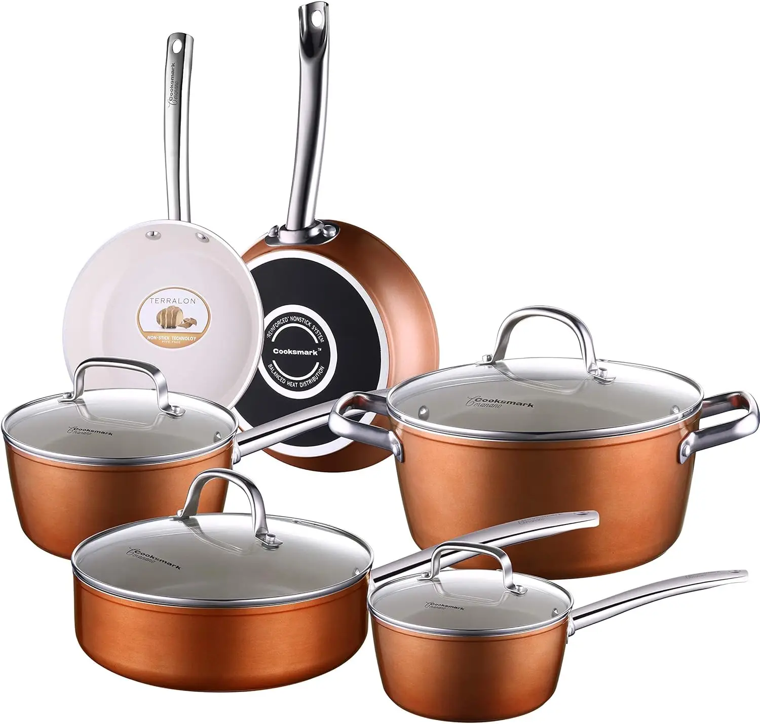 10-Piece Pots and Pans, White Ceramic Nonstick Copper Finish Cookware Set with Lids— Oven Suitable Dishwasher Suitable