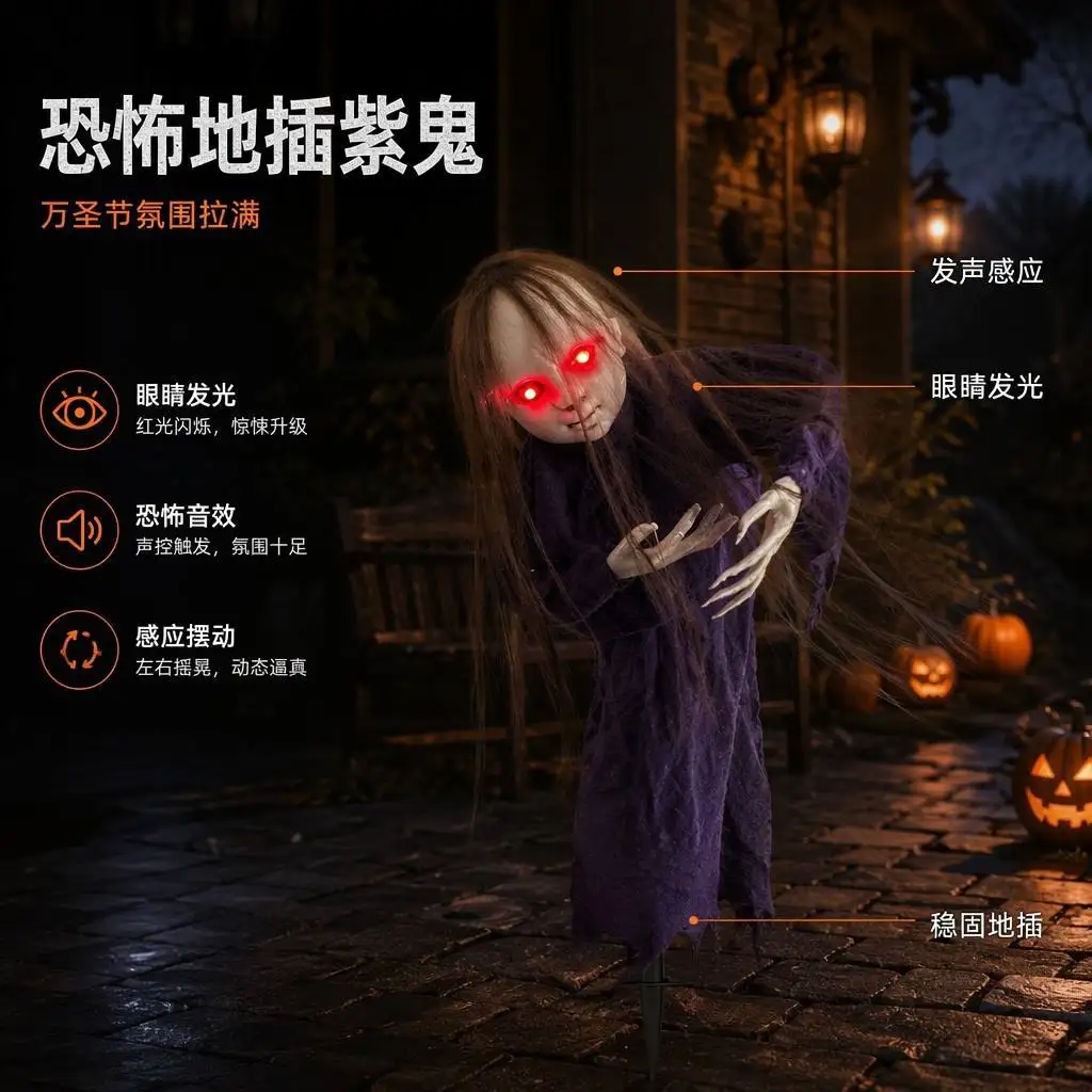 Halloween glows, red-eyed purple-clad female ghosts, eyes red, glowing with voice, body that can move, and brown long hair charm