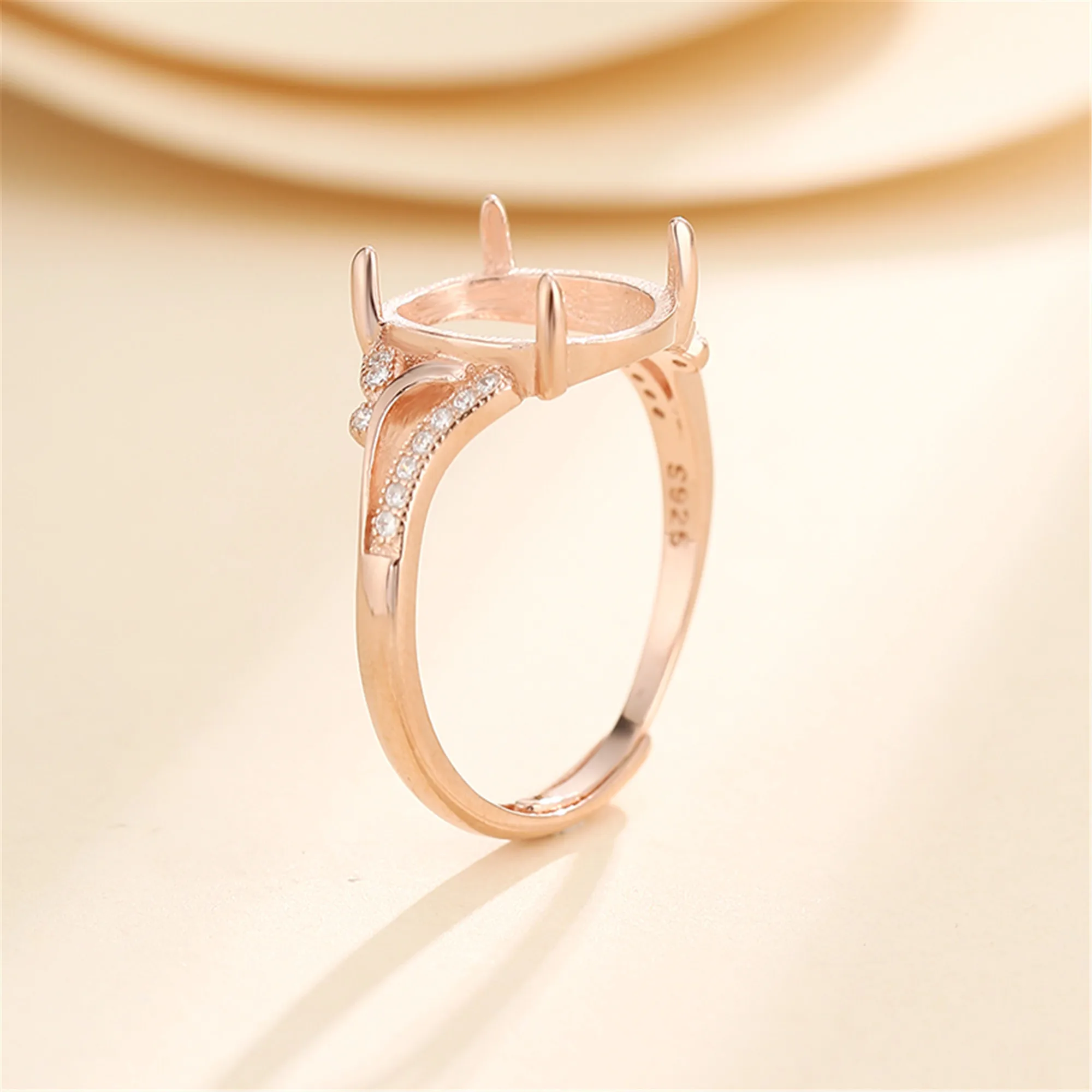 Ring Blank for 6x8mm/7x9mm/8x10mm/10x12mm/11x15mm Oval Cabochons Rose Gold Plated 925 Silver Zircon Adjustable Ring Base SR0490