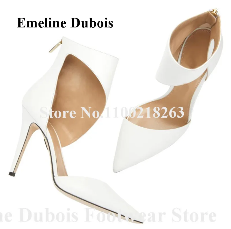 

White Leather Pumps Emeline Dubois Pointed Toe Cut-out Stiletto Heel Shoes Elegant Back Zipper-up High Heels Party Dress Heels