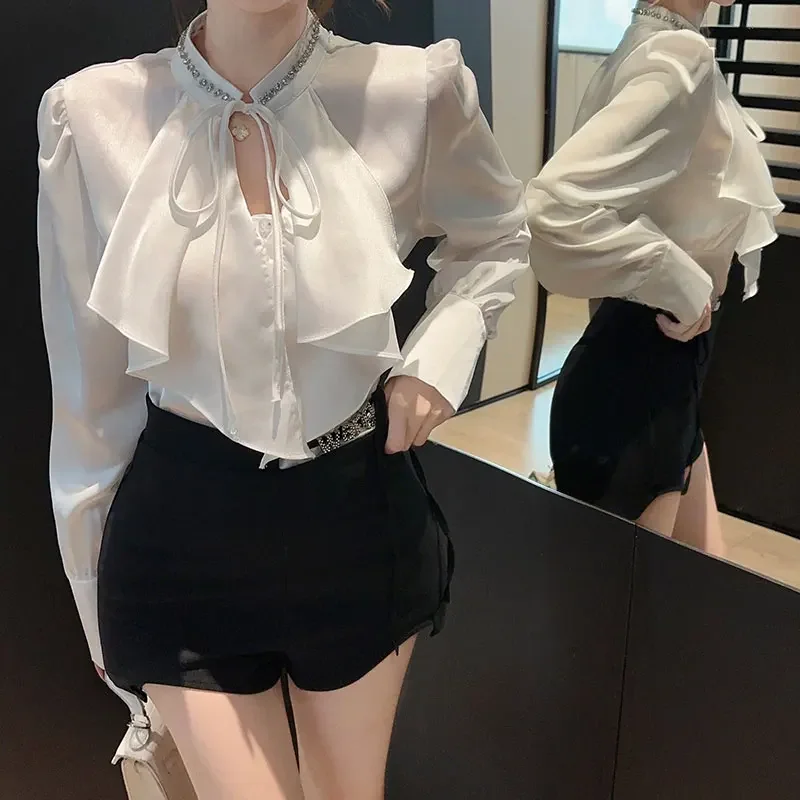 Ezgaga Shirts Women Ruffles Patchwork Autumn Fashion Long Sleeve chic Hollow Out Bandage Blouse Female Elegant Sexy Tops