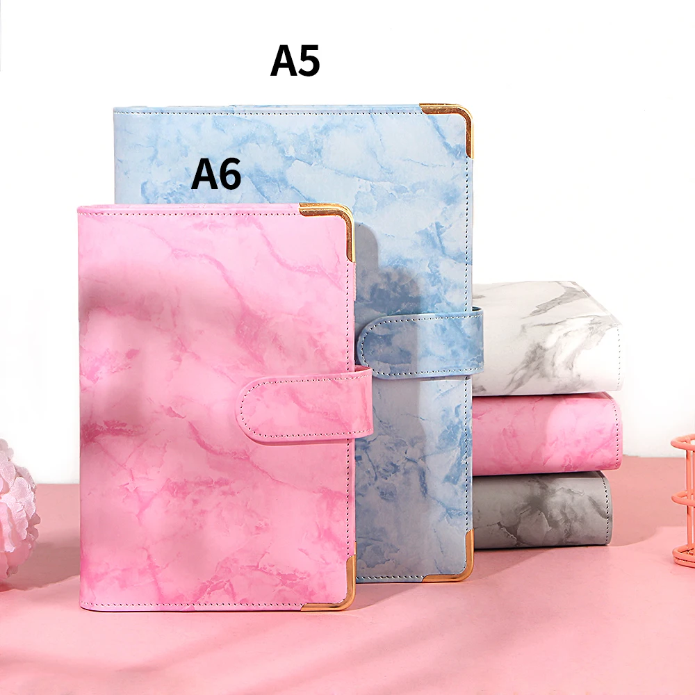 Macaron Marble Color A5 A6 6Ring Binder PU Clip-on Notebook Leather Loose Leaf Notebook Cover Notebooks Journal Stationery