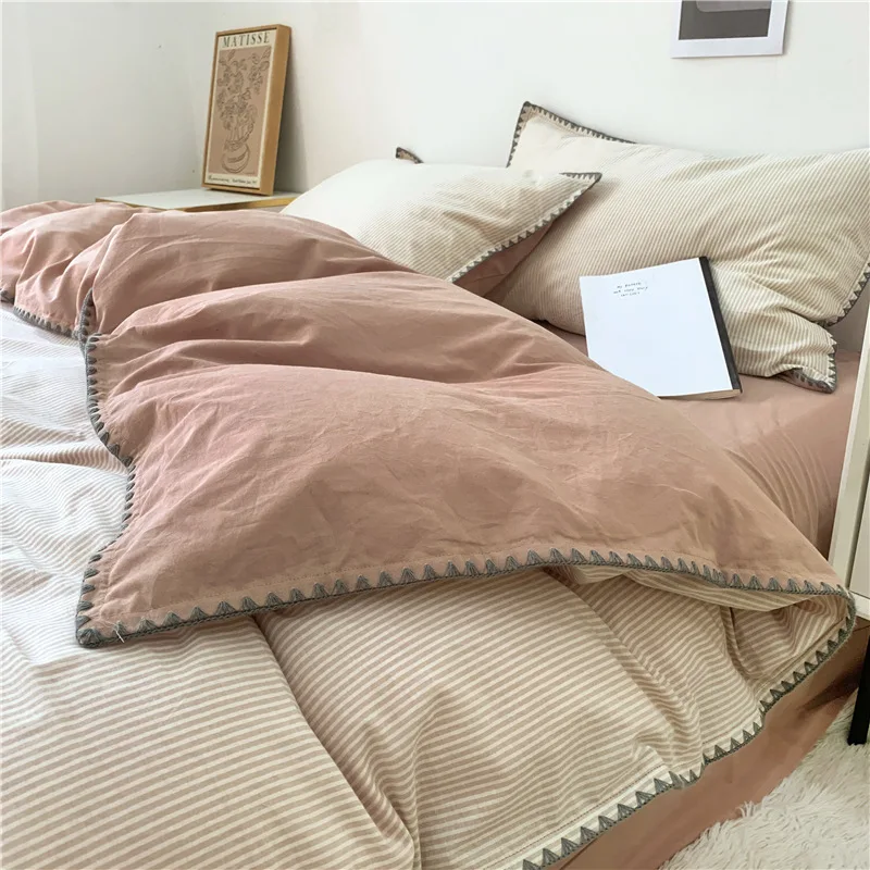 

New Class A color matching striped cotton washed cotton shell edge four-piece set