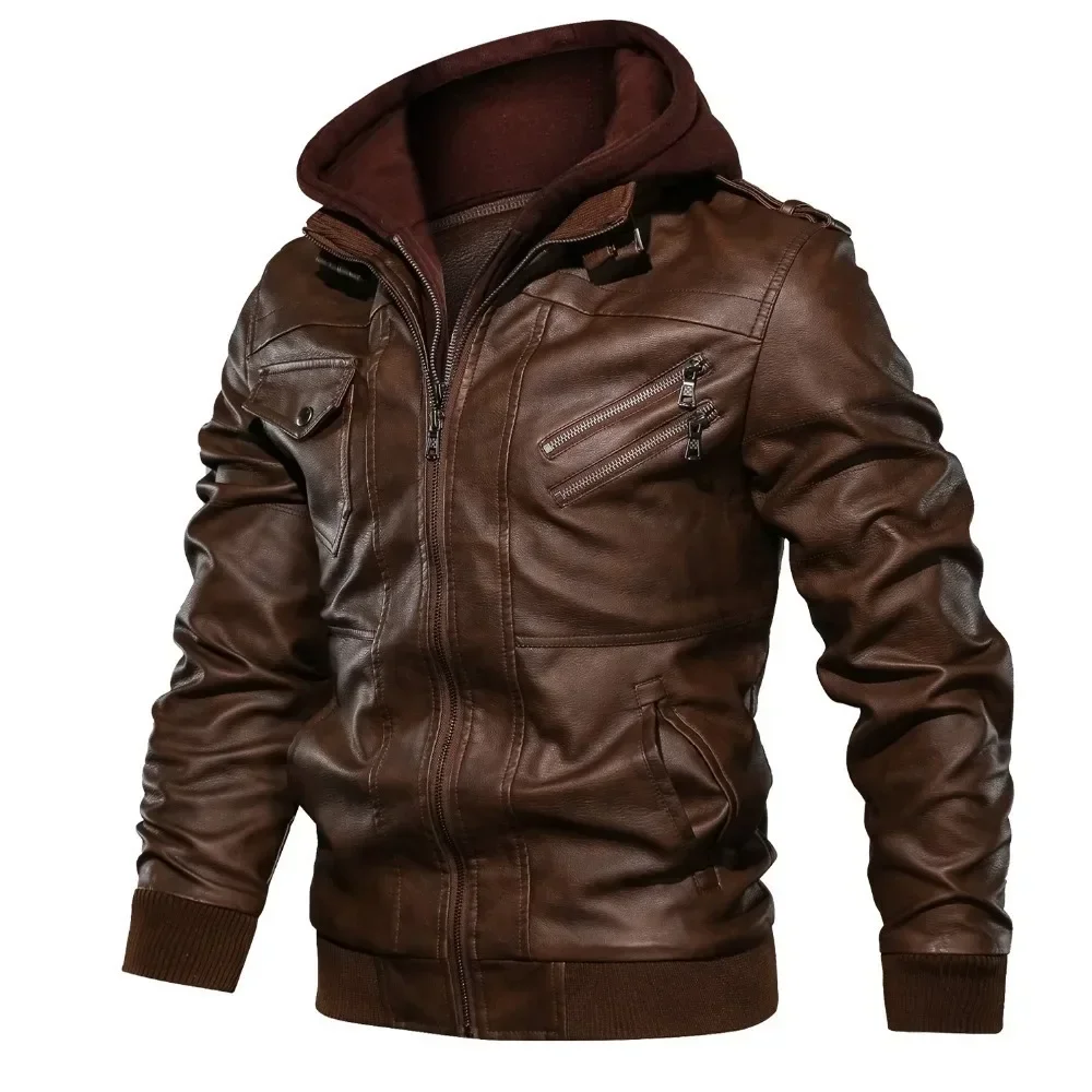 Autumn Detachable Hat Casual Leather Clothing Biker Leather Jacket Men Zipper Pu Jacket Hooded Autumn Locomotive Coat