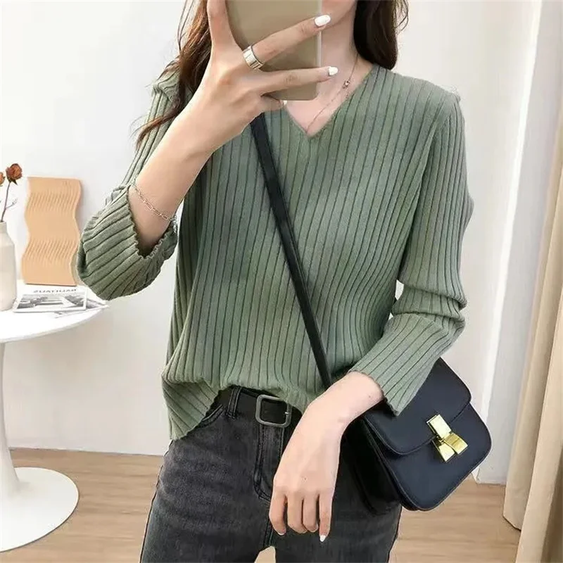 

Korean Female V-neck Pullover Knitted Sweater Coat Spring Women Long Sleeved Jumper Knitting Jacket Lady Loose Fitting Knitwear