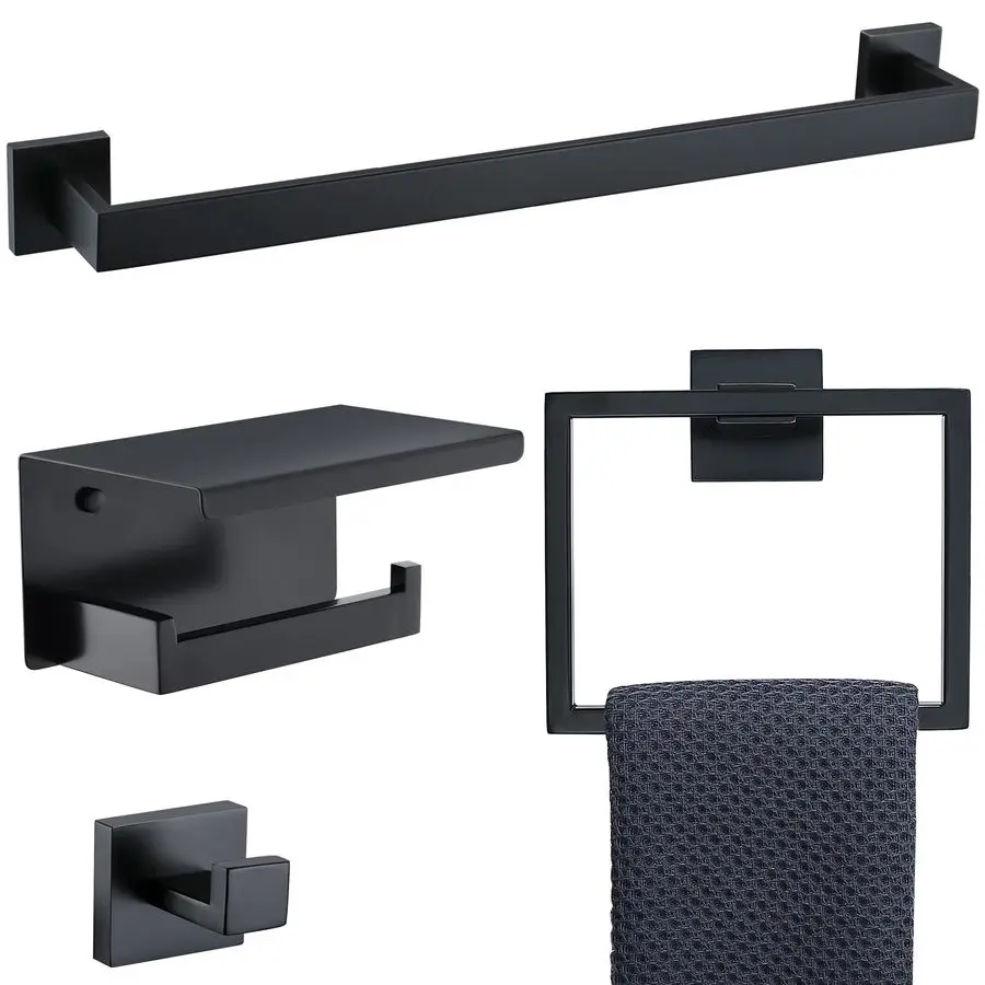 

Towel Bar Holder Sets Matte Black 4Piece Bathroom Hardware Set Stainless Steel Bath Accessories Kit. Wall Mounted,23.6 Inch