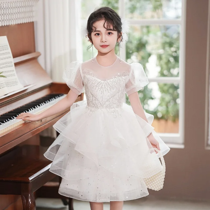 Girls New 2024 Luxury Elegant Dress For 7 8 To 10 Years Old Flower Girl Frock Design Princess Clothes Wedding Gala White Dresses